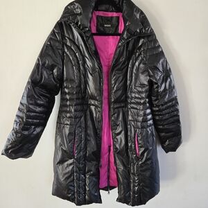 Donna Karen  Black Puffer Coat Down Blend Womens Medium Long Length Full Zip